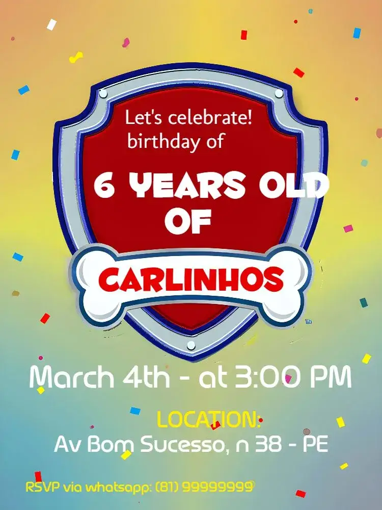 Invitation Paw Patrol Colorful – Kids' Birthday Party theme colorful, themed, fun, childish, lively