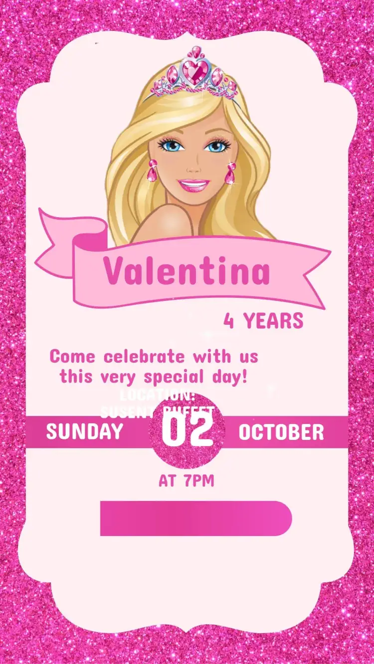 Invitation Digital Barbie Princess Invitation - Children's Birthday Party – Kids' Birthday Party theme Heart, Pink, White, Sparkle, Fantasy, Magical