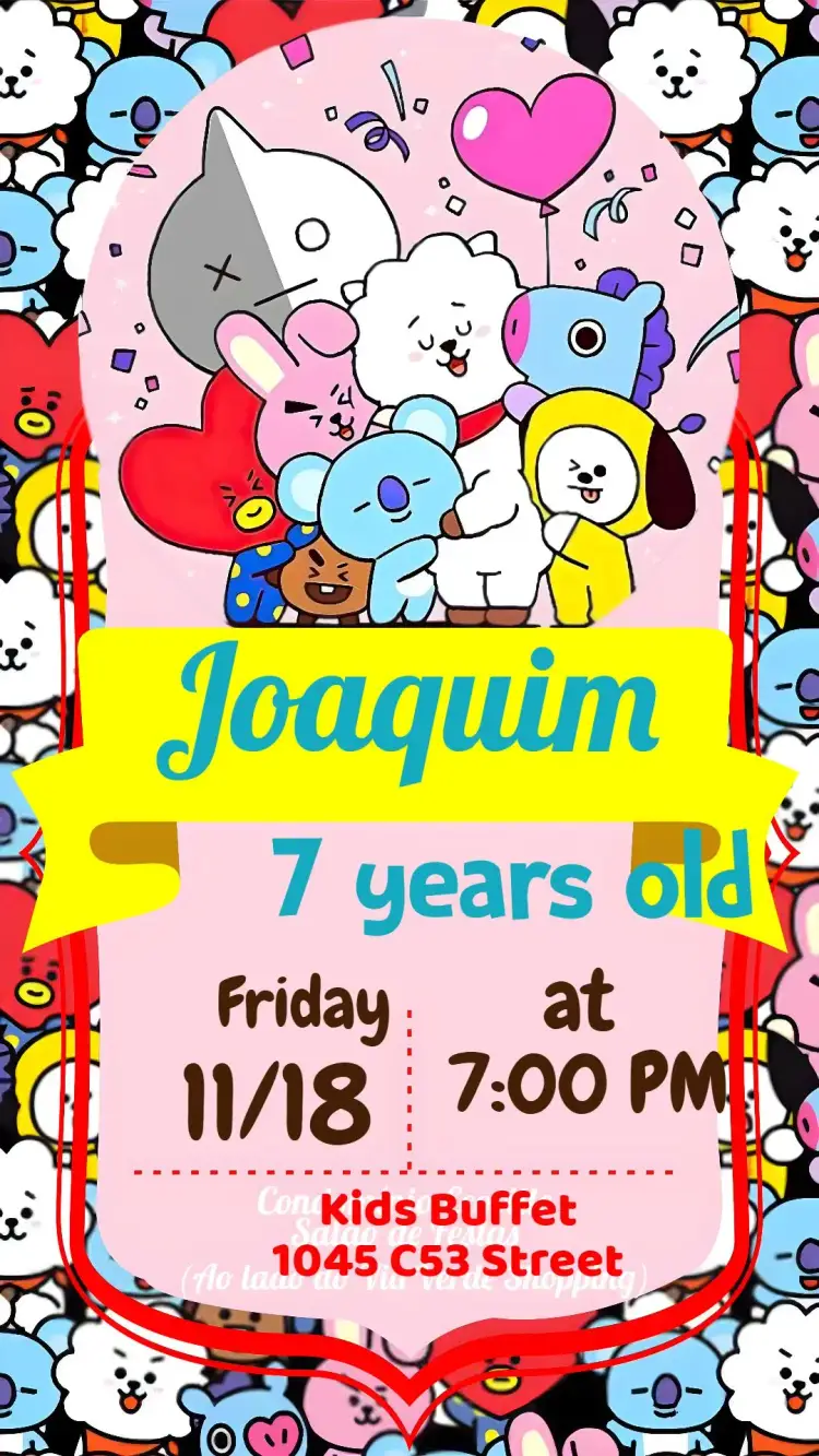 Invitation BT21 – Kids' Birthday Party theme colorful, fun, modern, animated illustration, pop-themed, youthful
