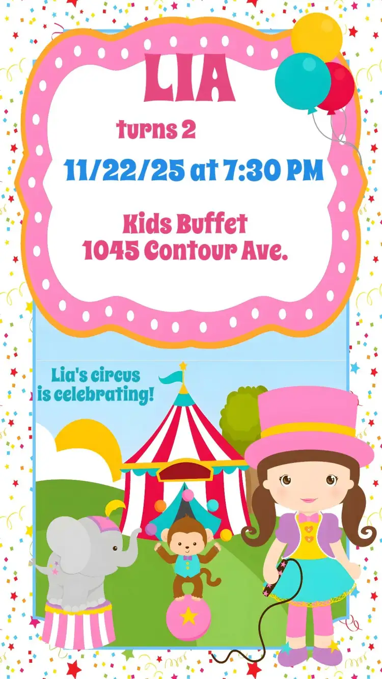 Invitation Pink Circus – Kids' Birthday Party theme pink, playful, fun, colorful, circus-themed