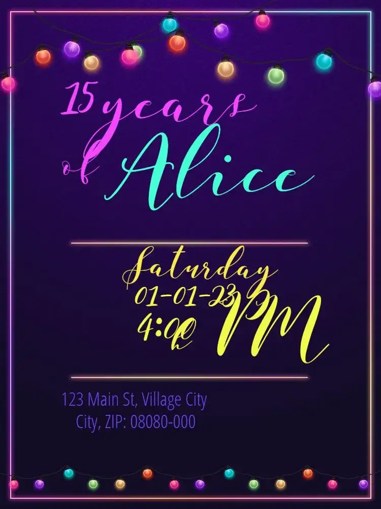 Invitation Virtual 15th Birthday - Neon Colorful Lights – Kids' Birthday Party theme neon, colorful, modern, youthful, festive