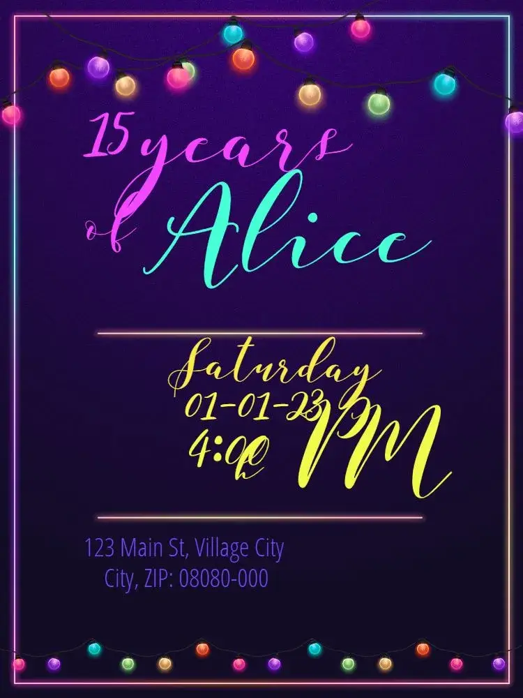 Virtual 15th Birthday - Neon Colorful Lights invitation