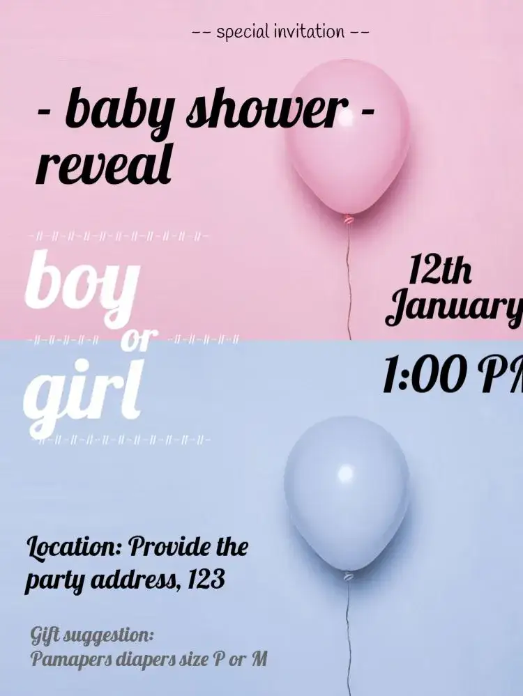 Invitation Baby Gender Reveal Tea Party on WhatsApp – Gender Reveal theme blue and pink, colorful balloons, childish, fun, modern, celebration