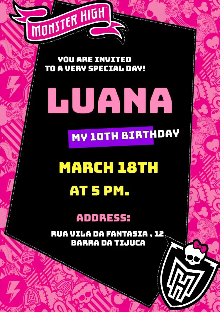 Invitation Monster High Vampira – Kids' Birthday Party theme gothic, fantasy, colorful, modern, fun, monster illustrations