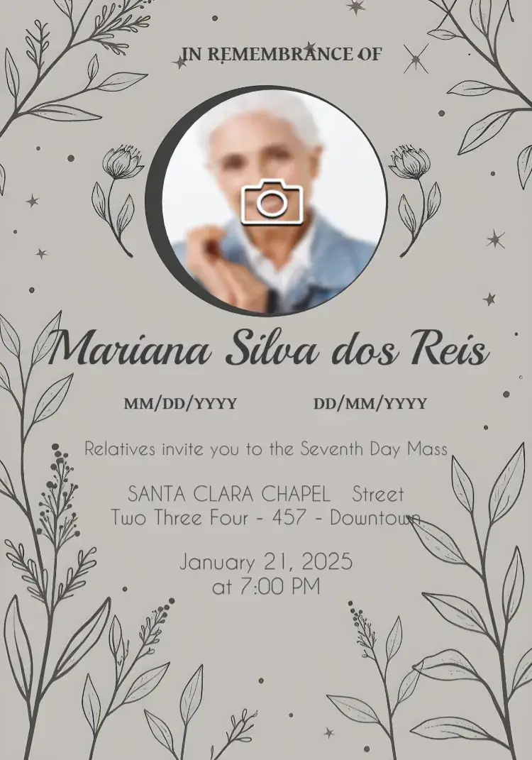 Invitation Seventh Day Mass With Photo Tribute – Commemorative Dates theme minimalist, elegant, subtle, classic, comforting