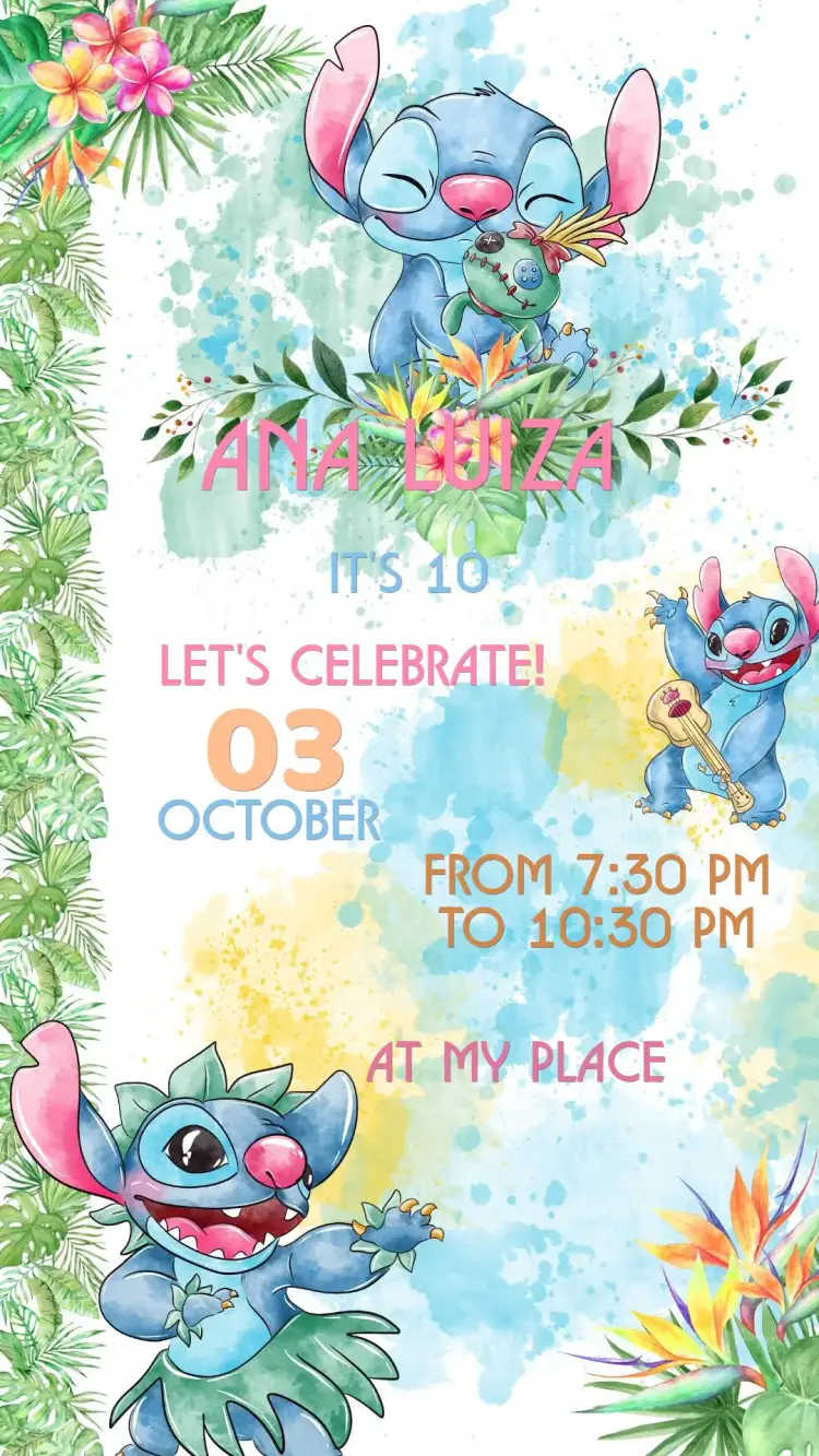 Invitation Stitch Birthday Invitation – Kids' Birthday Party theme tropical, vibrant blue, hawaiian, fun, playful, colorful
