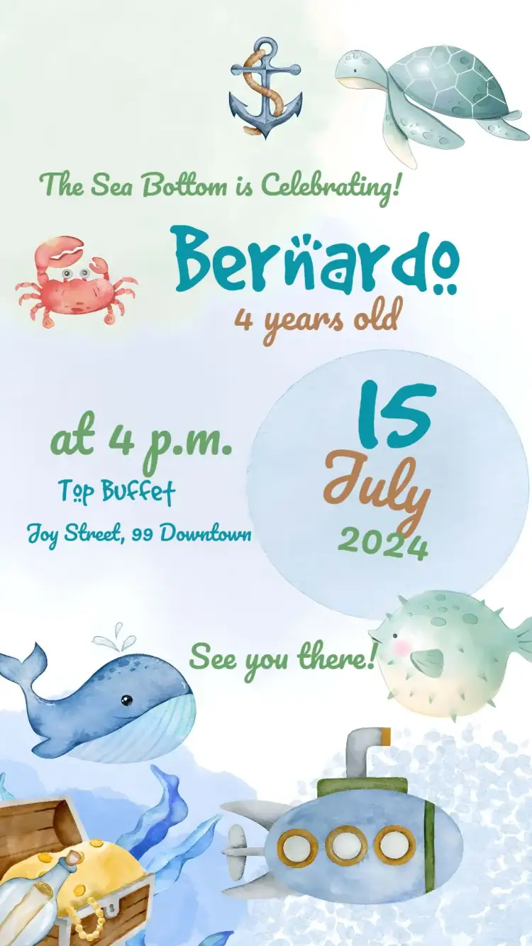 Invitation Delicate Watercolor Under the Sea – Kids' Birthday Party theme aquarela, navy blue, delicate, blue, themed, childlike