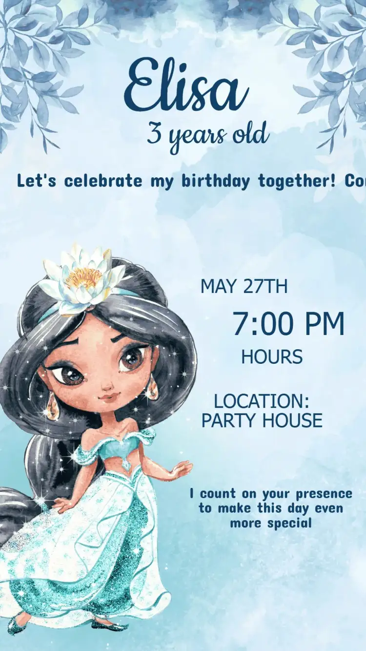Invitation Princess Jasmine Birthday Invitation – Kids' Birthday Party theme vibrant colors, enchanted style, fairy tale elements, golden details, playful illustrations