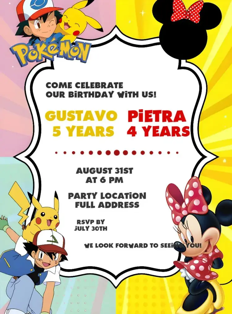 Double Pokémon And Red Minnie Pokemon invitation
