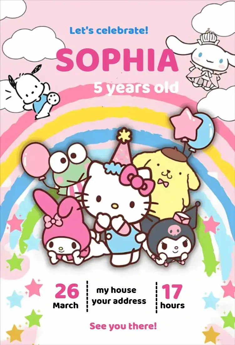 Invite Hello Kitty Sunrio Invitation editable and customizable