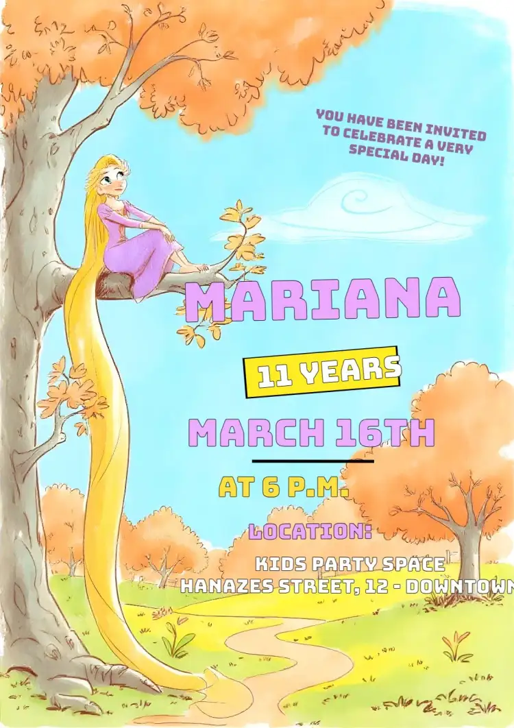 Invitation Rapunzel Disney – Kids' Birthday Party theme vibrant colors, fairy tale style, Disney graphic elements, childlike illustrations, princess theme, fun design