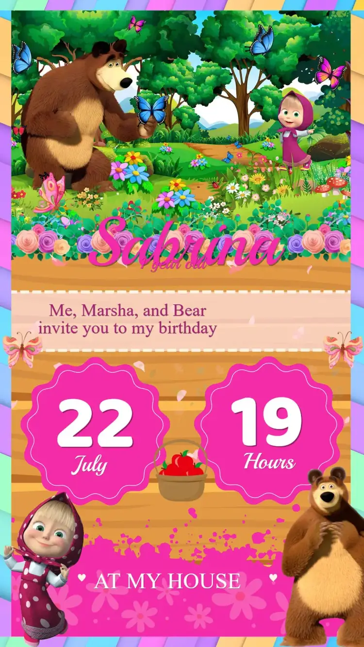 Invitation Masha and the Bear Birthday Invitation – Kids' Birthday Party theme colorful, fun, cartoon illustrations, playful style, friendship theme, modern style