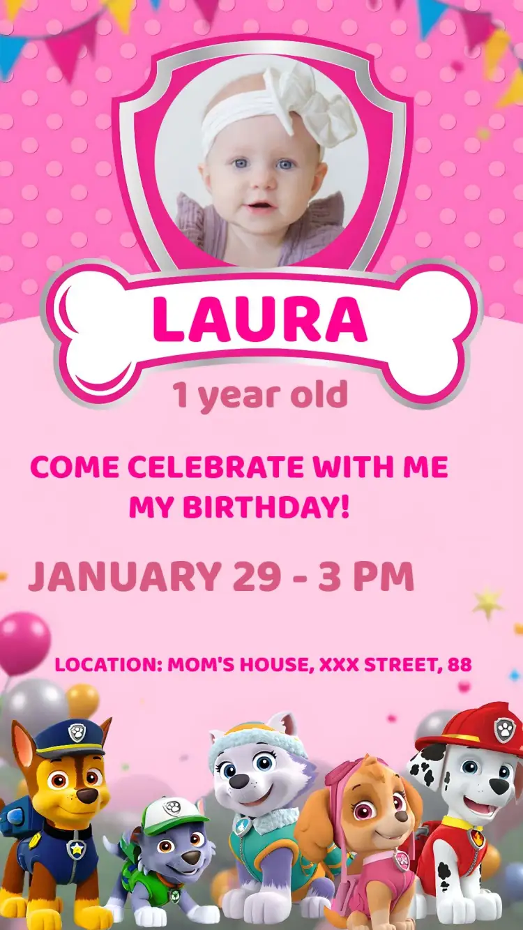 Invitation Paw Patrol Pink Photo Invitation – Kids' Birthday Party theme pink, fun, childish, colorful, themed, modern