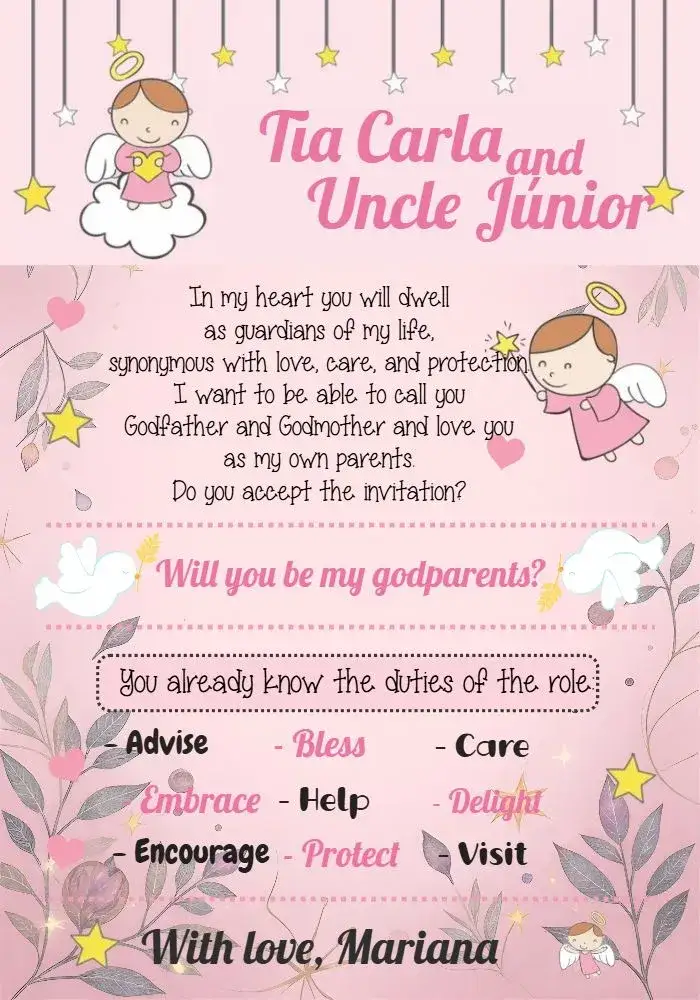 Invitation Godparents Little Angel Pink – Baptism theme pink, white, yellow, little angel, delicate, childlike