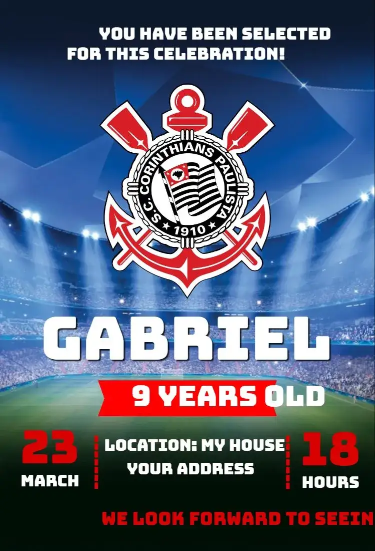 Invitation Corinthians 3 – Birthday theme Corinthians colors, modern, football, vibrant, youthful, sporty