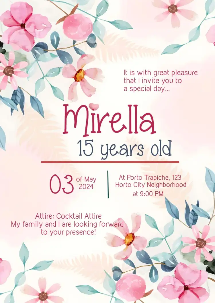 Invitation 15th Floral Fifteen – Sweet 15 theme floral, delicate, feminine, pink and green, modern, elegant