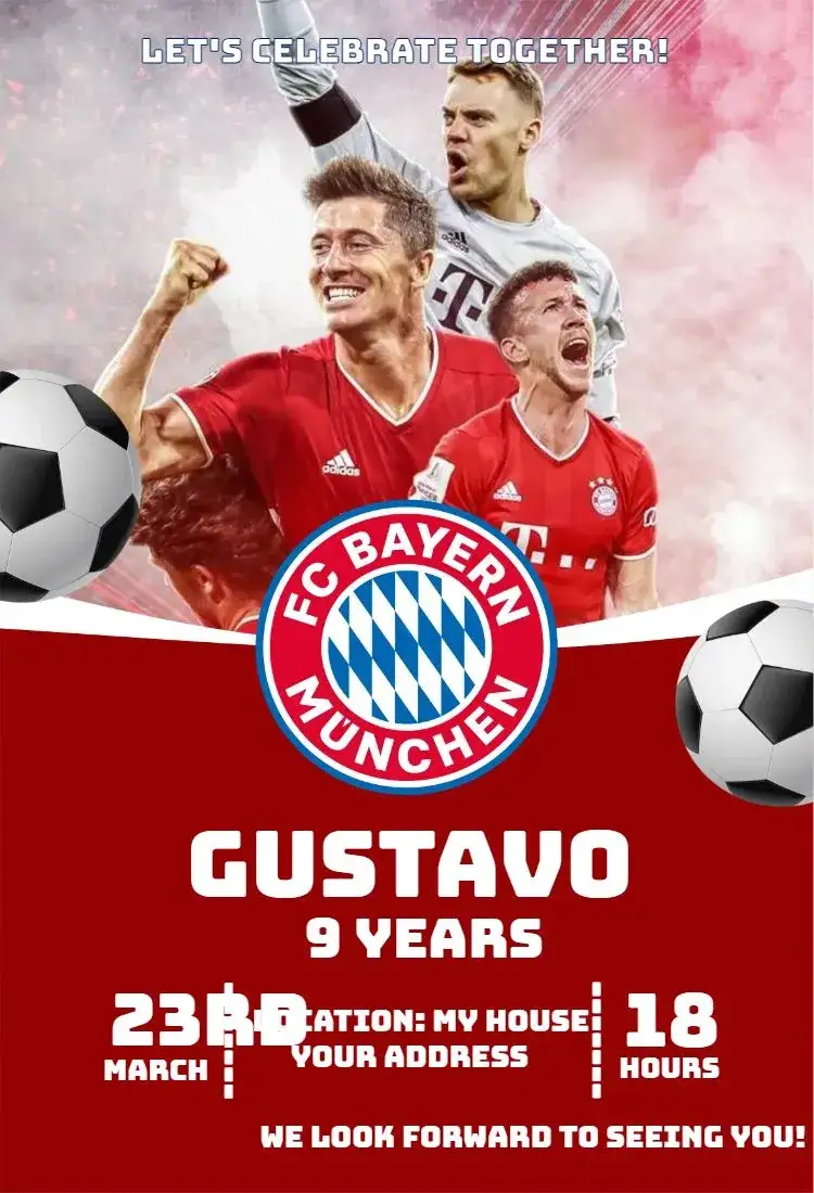 Invitation Bayern Munich 2 – Birthday theme football, modern, vibrant, colorful, sporty