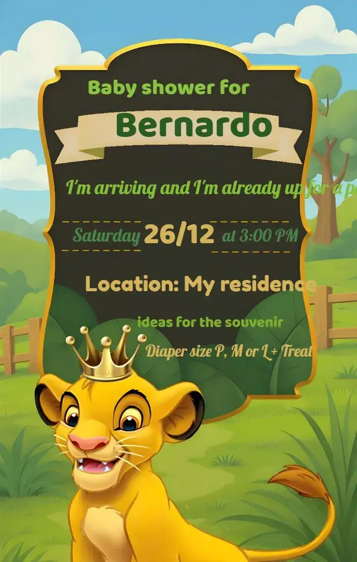 Invitation Baby Shower - Simba The Lion King Crown – Diaper Shower theme safari, forest, colorful, fun, playful, themed