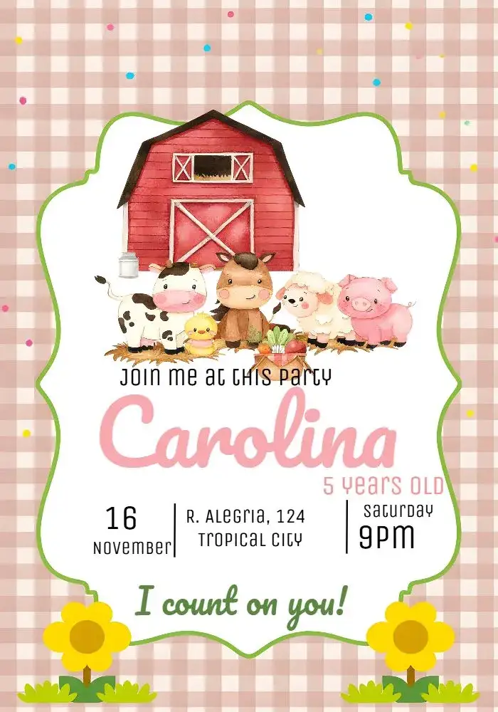 Invitation Pink Farm – Kids' Birthday Party theme pink, farm, playful, children's, colorful, themed