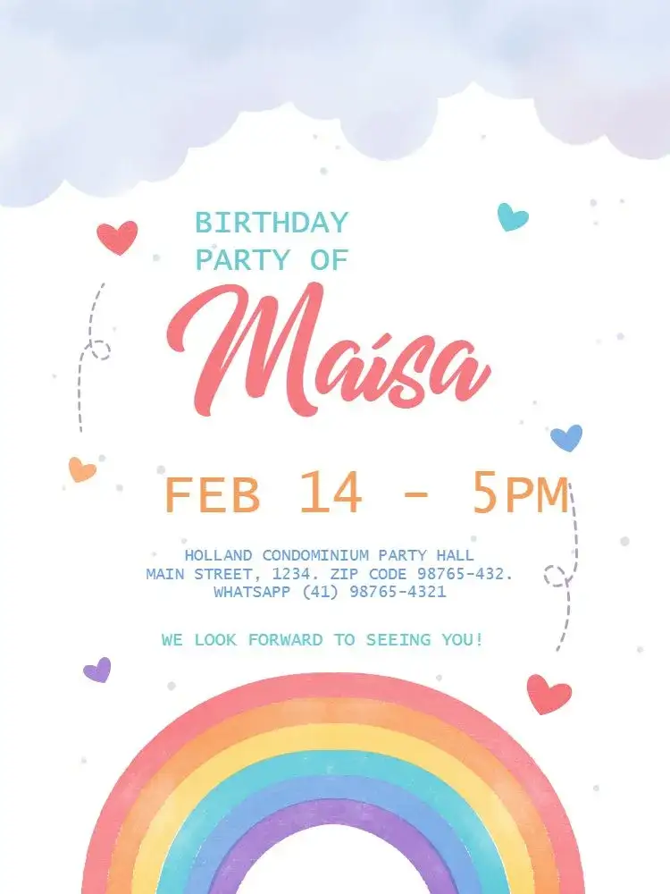 Invitation Delicate Rainbow Meeting – Kids' Birthday Party theme delicate, colorful, playful, watercolor, masculine and feminine, modern