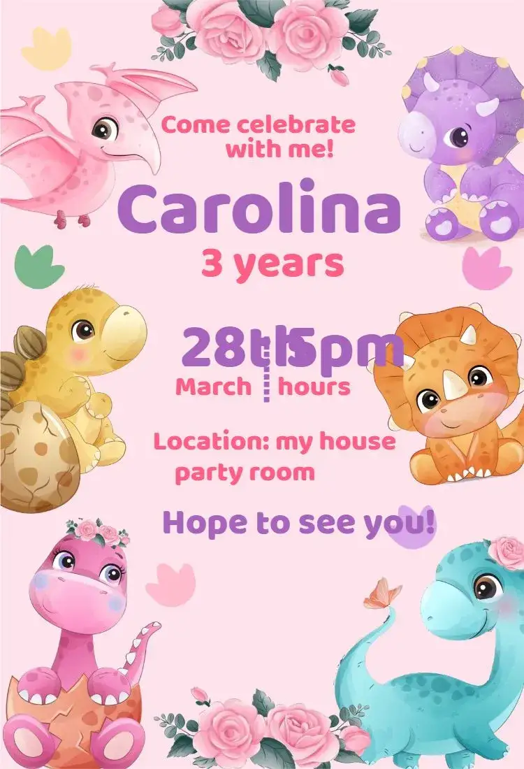 Invitation Digital Dinosaur Girl Watercolor – Diaper Shower theme watercolor, children's, colorful, fun-filled, modern, playful