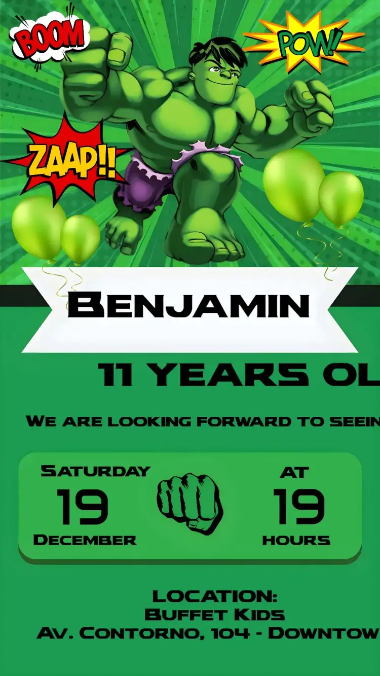 Invitation Hulk – Kids' Birthday Party theme vibrant colors, pop art style, comic elements, fun design, superhero theme