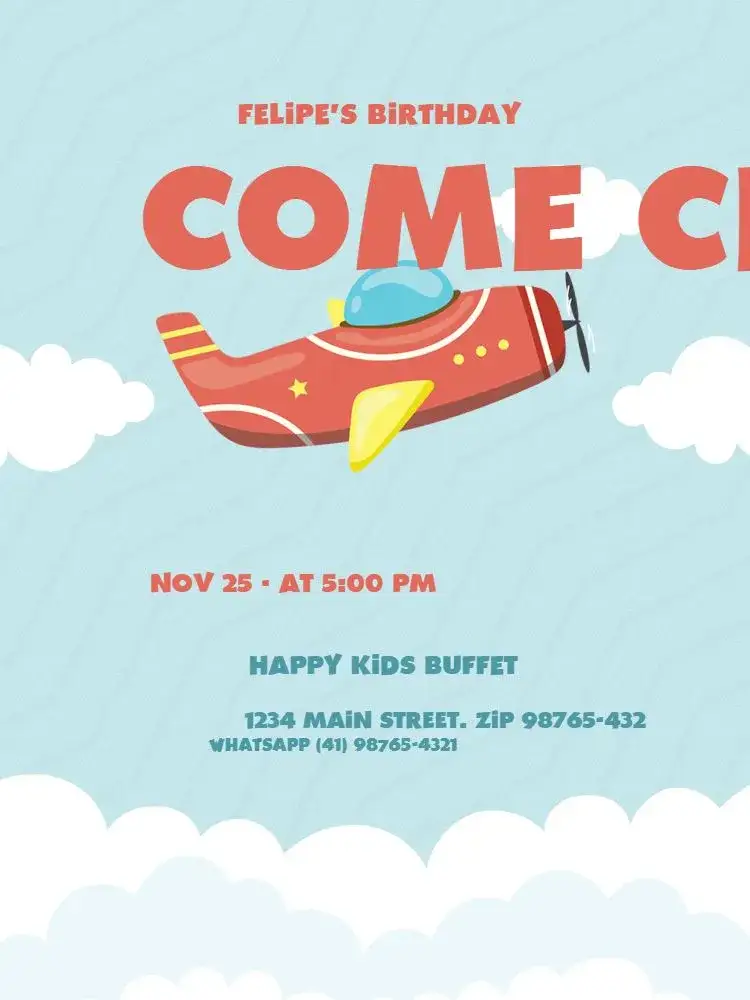 Invitation Boys' Red Airplane Kids Gathering – Kids' Birthday Party theme airplane, clouds, red and blue, playful, childlike, modern