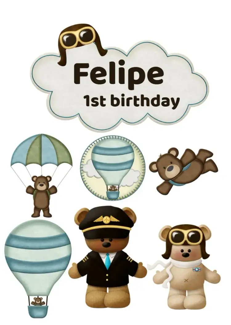 Invitation Aviator Teddy Bear Cake Topper – Cake topper theme children's, playful, aerial, playful, colorful, fun