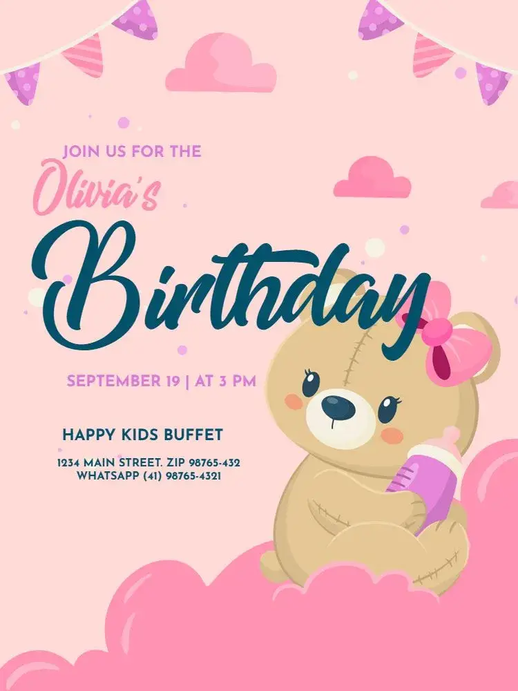 Girls' Light Pink Teddy Bear Children's invitation