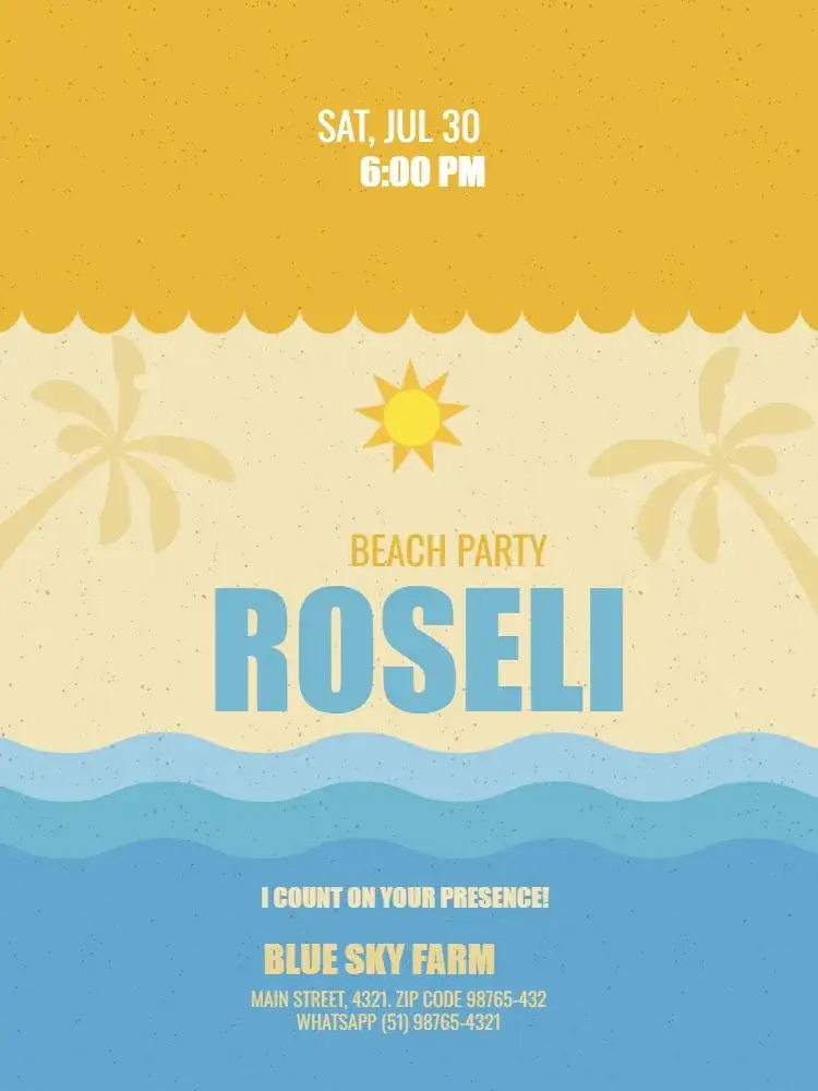 Invitation Praia Laranja – Kids' Birthday Party theme tropical, colorful, beach, summer, fun, sea