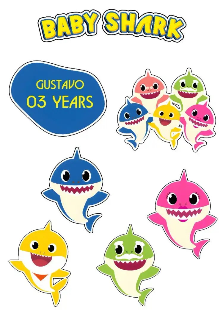 Invitation Topo De Bolo Baby Shark Family – Cake topper theme colorful, fun, themed, navy, childlike