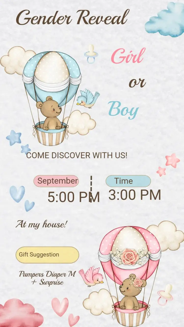 Digital Blue and Pink Teddy Bear Gender Reveal Invitation