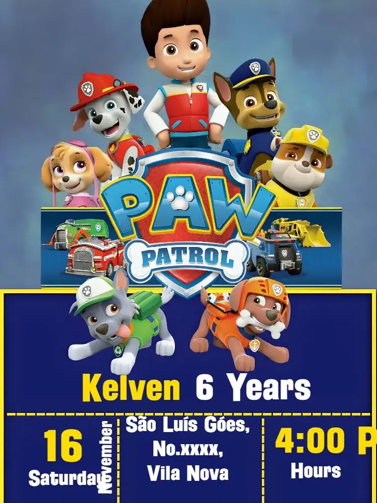 Invitation Paw Patrol Birthday ... – Kids' Birthday Party theme colorful, fun, childish, themed, modern, watercolor