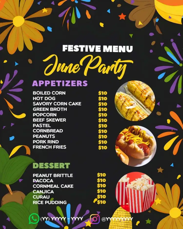 Invitation Typical June Party Menu Artwork – Commemorative Dates theme colorful, vintage, rustic, typical, festive, fun