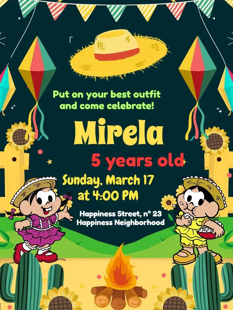 Invitation Turma Da Mônica São João Colorido – Commemorative Dates theme colorful, fun, June-themed, childish, illustrations, festive