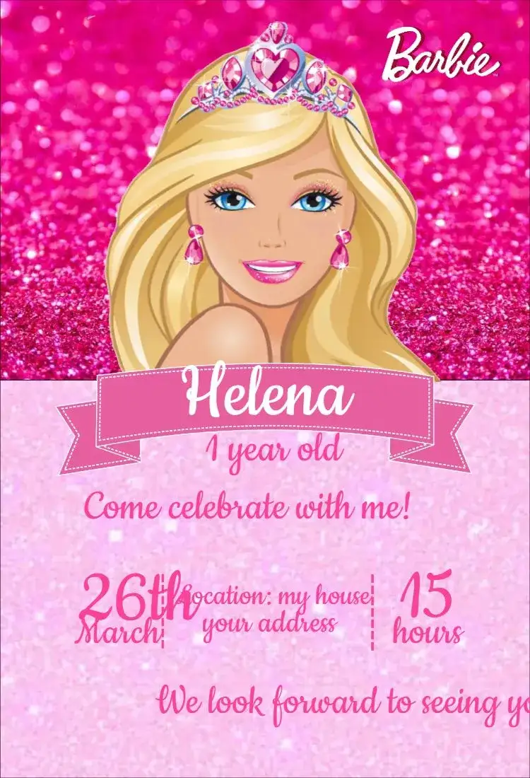 Invitation Barbie 1 – Birthday theme pink, glitter, children's, sparkling, themed, fun