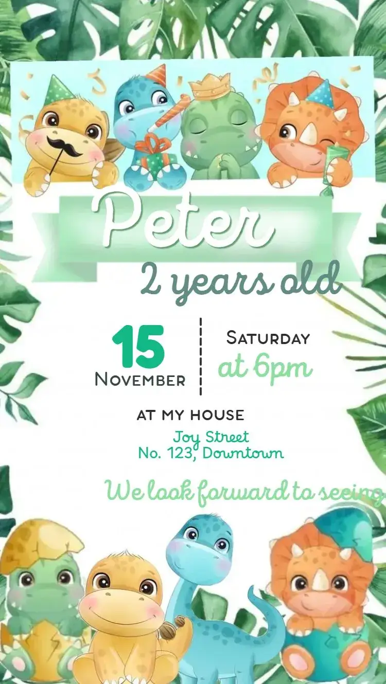 Invitation Dinosaur baby – Kids' Birthday Party theme green, cute, watercolor, prehistoric, natural, fun