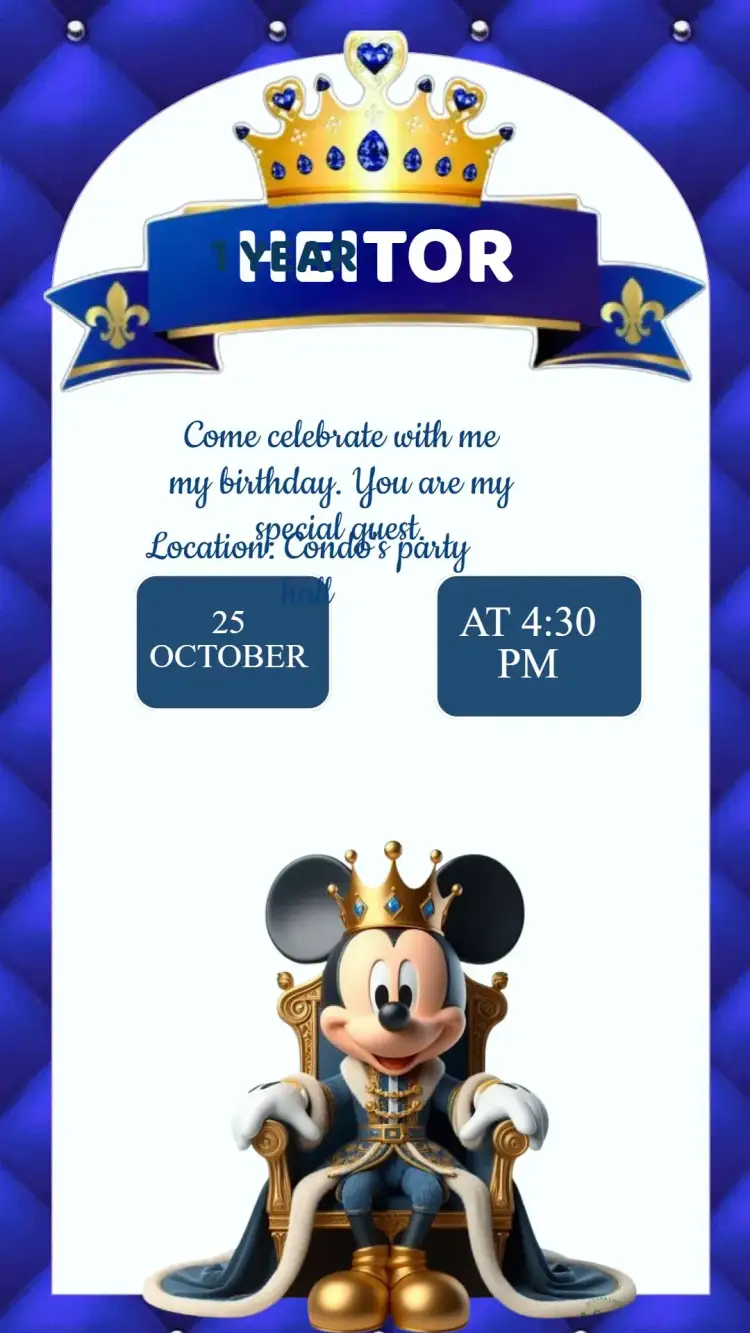 Invitation Mickey Royalty Birthday Invitation – Kids' Birthday Party theme colorful, playful, Disney-themed, royalty-inspired, magical, fun-filled