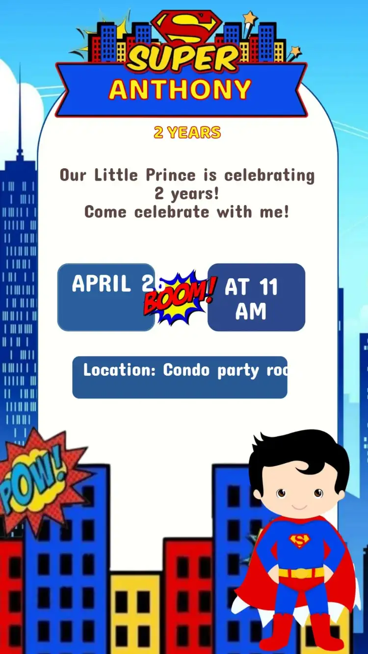 Invitation Superman Birthday Invitation – Kids' Birthday Party theme modern, colorful, superheroes-themed, fun, youthful