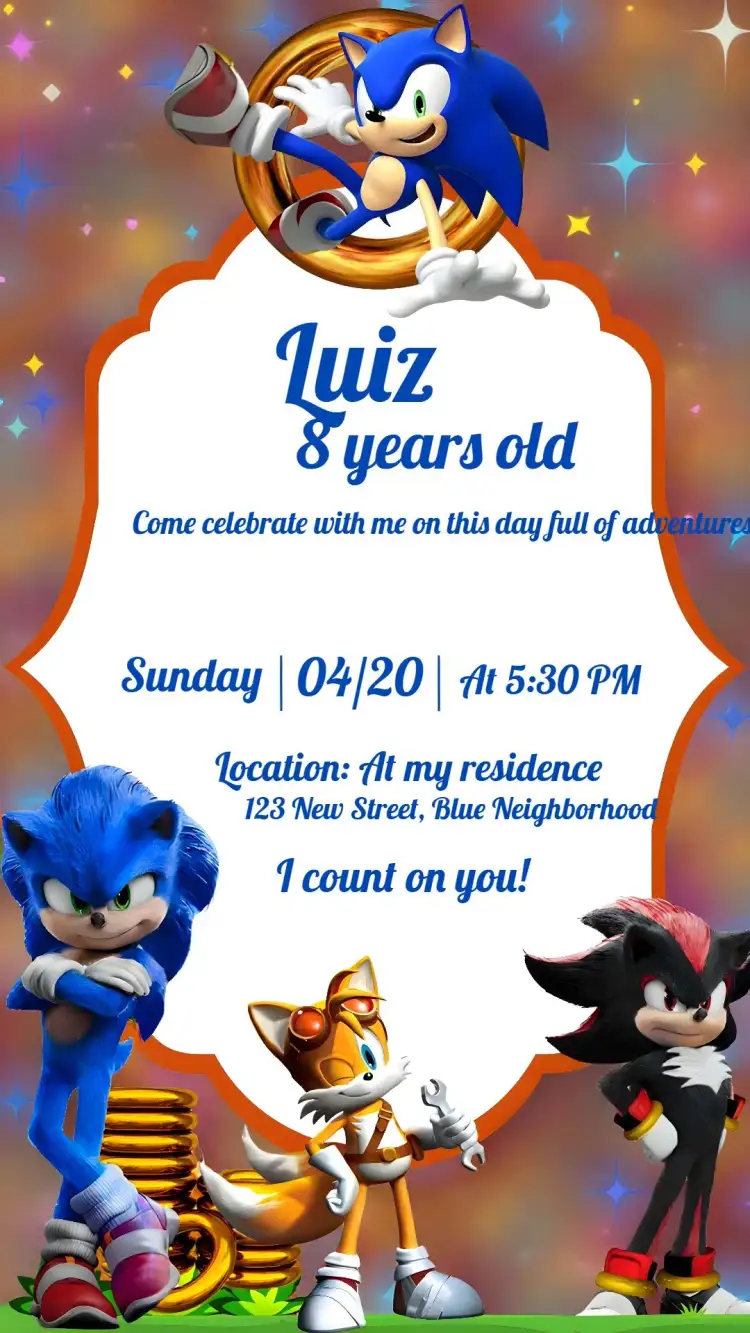 Invitation Sonic Boy – Most searched for theme vibrant blue, gaming theme, modern design, Sonic graphic elements, fun style