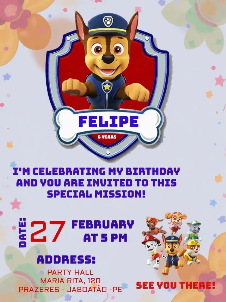 Invitation Blue Paw Patrol – Kids' Birthday Party theme blue, playful, fun, colorful, childlike