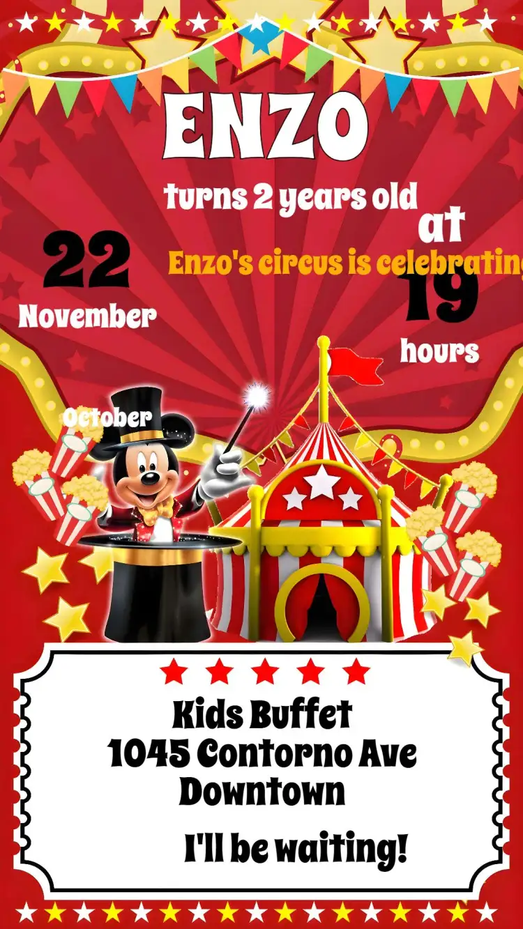 Invitation Mickey Circus – Kids' Birthday Party theme colorful, fun, circus-themed, childish, lively