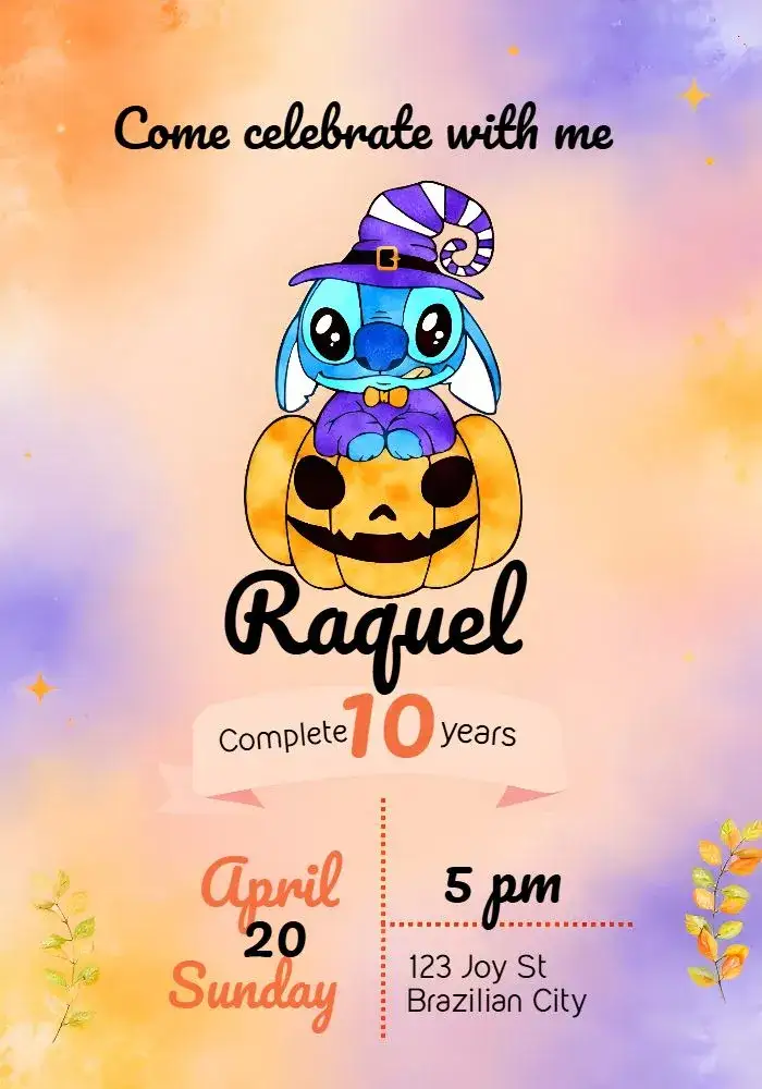 Invitation Halloween Orange Stitch – Commemorative Dates theme vibrant orange, Halloween-themed, Stitch character, fun and colorful, themed party, modern style