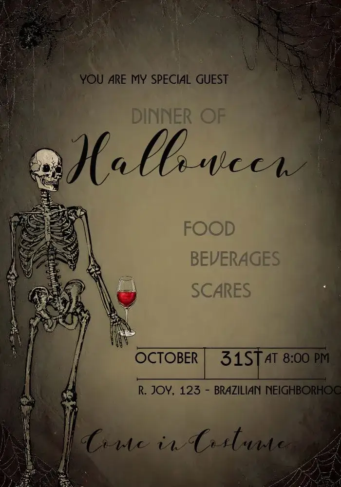 Invitation For Vintage Skull Halloween Dinner – Commemorative Dates theme vintage, somber, elegant, mystical, dark, themed