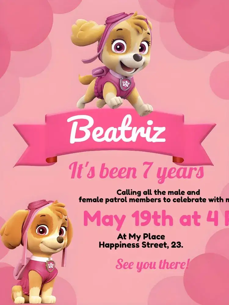Invitation Skye Paw Patrol Pup – Kids' Birthday Party theme pink, playful, fun, childlike, modern, adventure