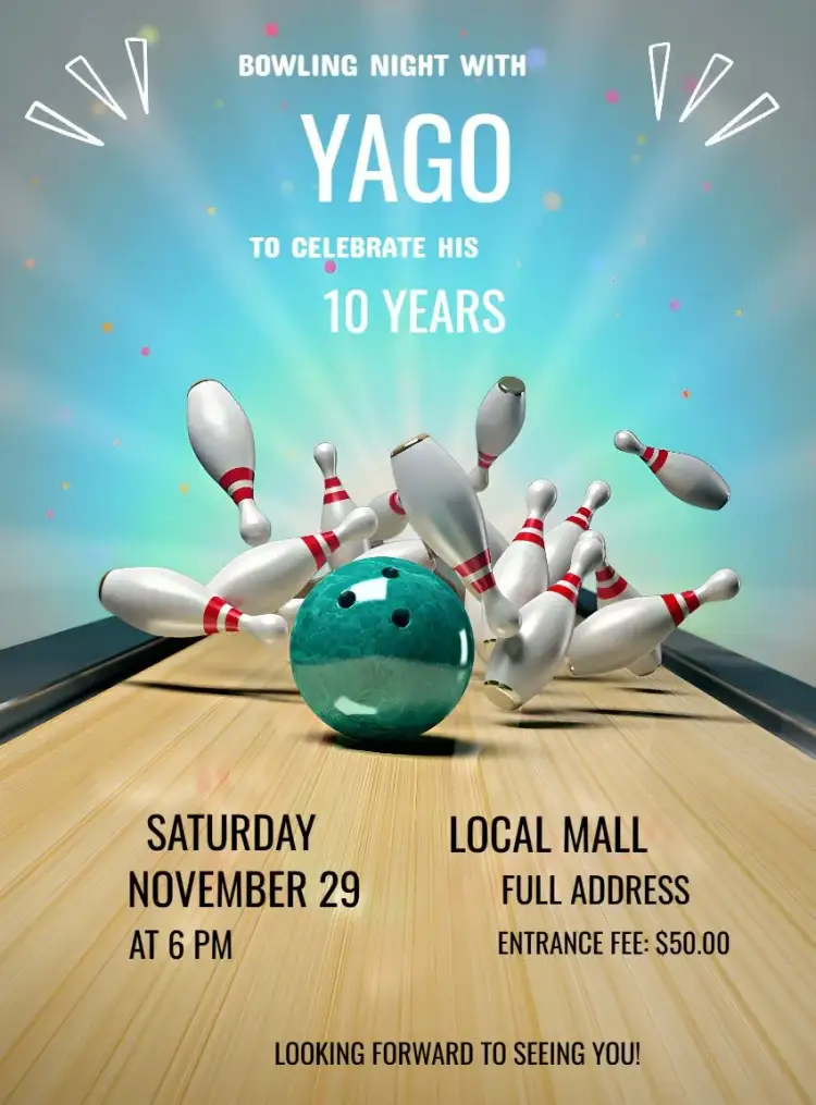 Invitation Bowling Pin – Most searched for theme colorful, fun, modern, youthful, games, sporty