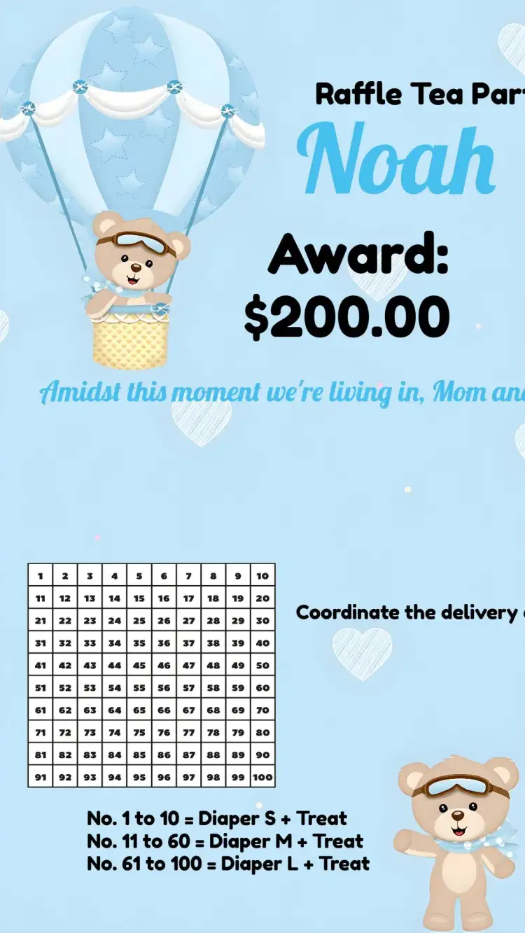 Invitation Tea Raffle Balloon Teddy Bear – Raffle Tea theme blue, white, playful, childlike, cute, celebration