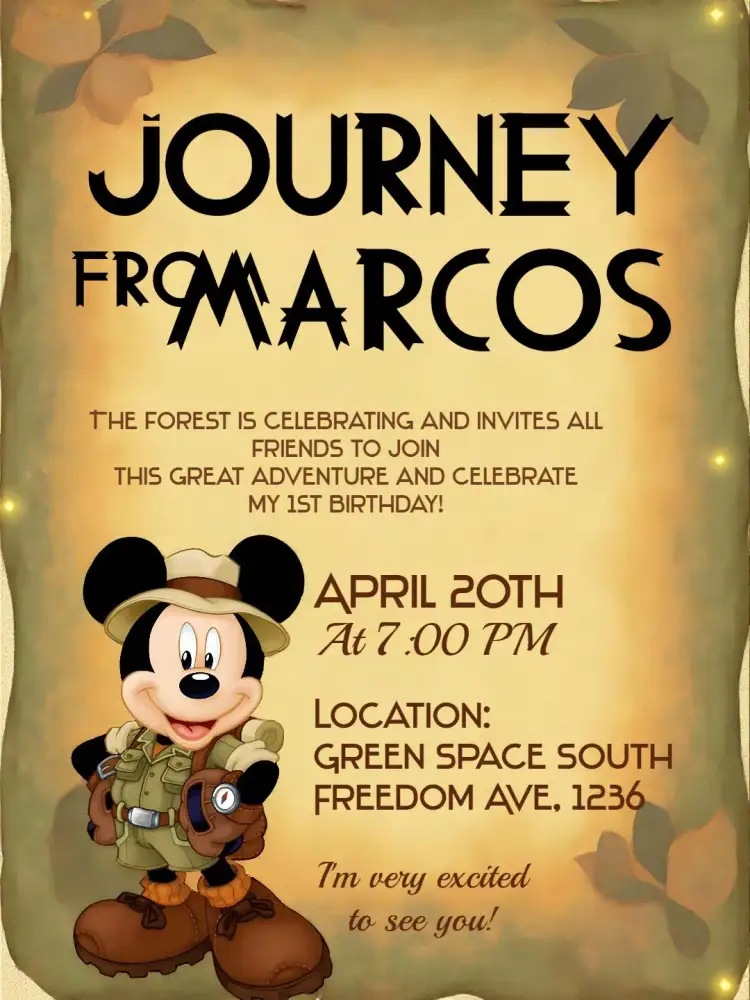 Invitation Mickey Mouse Safari Yours – Kids' Birthday Party theme safari, Mickey Mouse, neutral colors, fun illustrations, childish design, cheerful theme