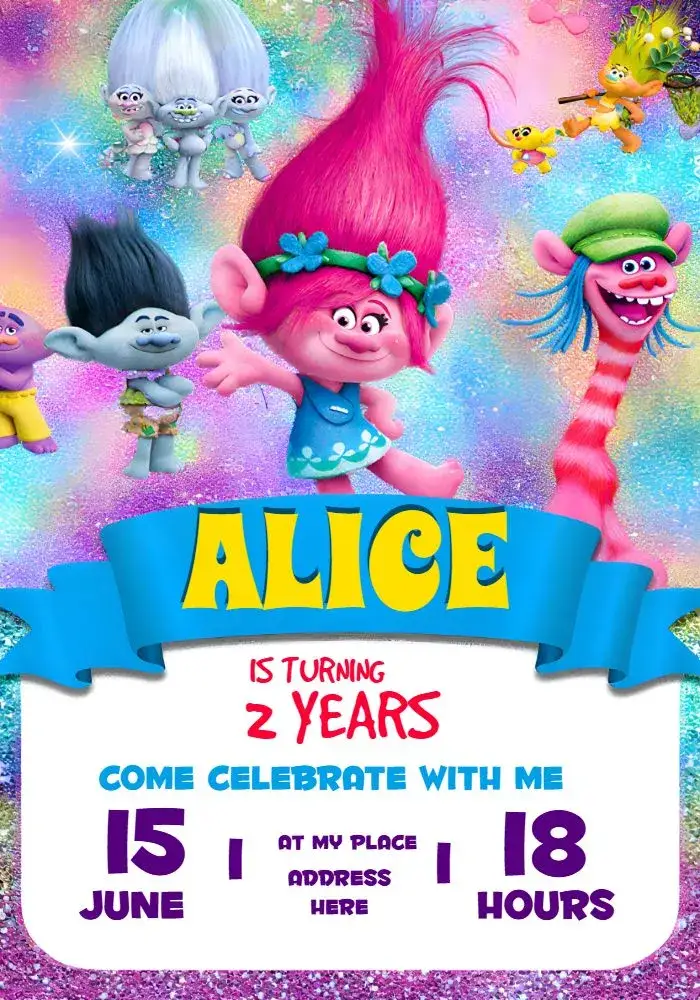 Invitation Trolls Trolls1 – Most searched for theme colorful, fun-filled, childish, animated, themed, joyful