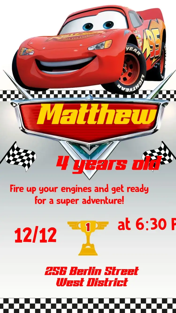 Invitation Disney Cars – Kids' Birthday Party theme colorful, fun, themed, childish, dynamic